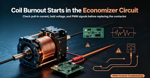 High voltage DC contactor coil burnout introductory graphic, economizer circuit working principle and coil overheating failure explanation